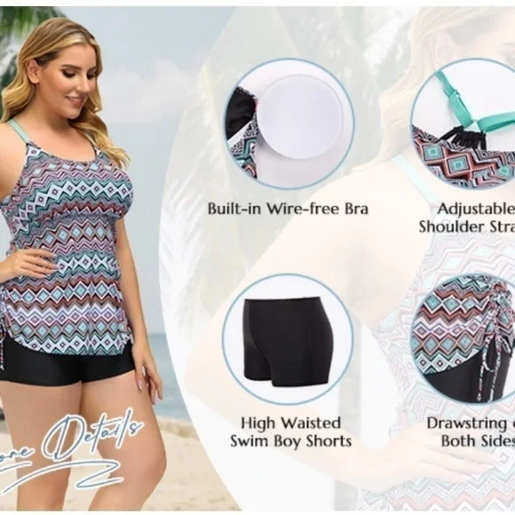 NWT - Hanna Nikole 2 Pieces Athletic Tankini Swimsuits with Shorts Sz 16W - Picture 10 of 10